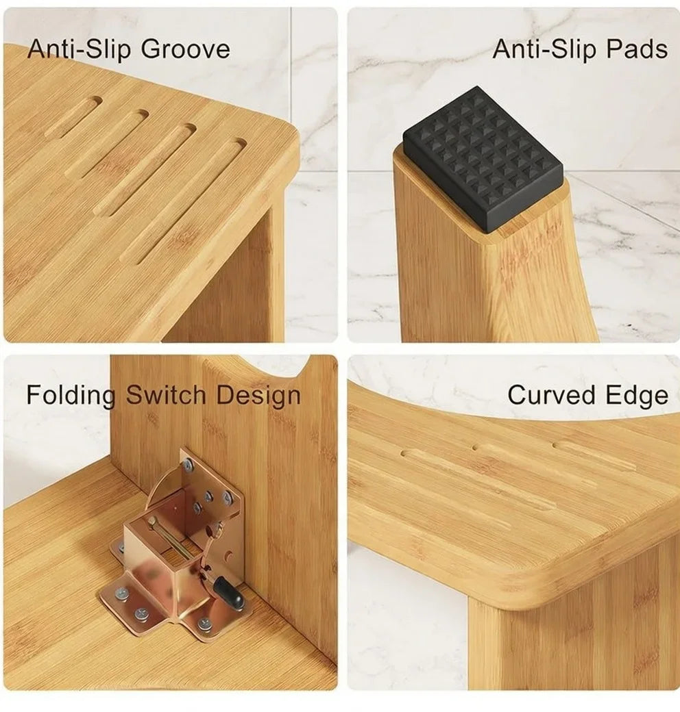 Foldable Bamboo Potty Stool,Wide and Stable for Adult Comfort.Easy to Clean,Lightweight & Portable for Bathroom, Travel,or Home