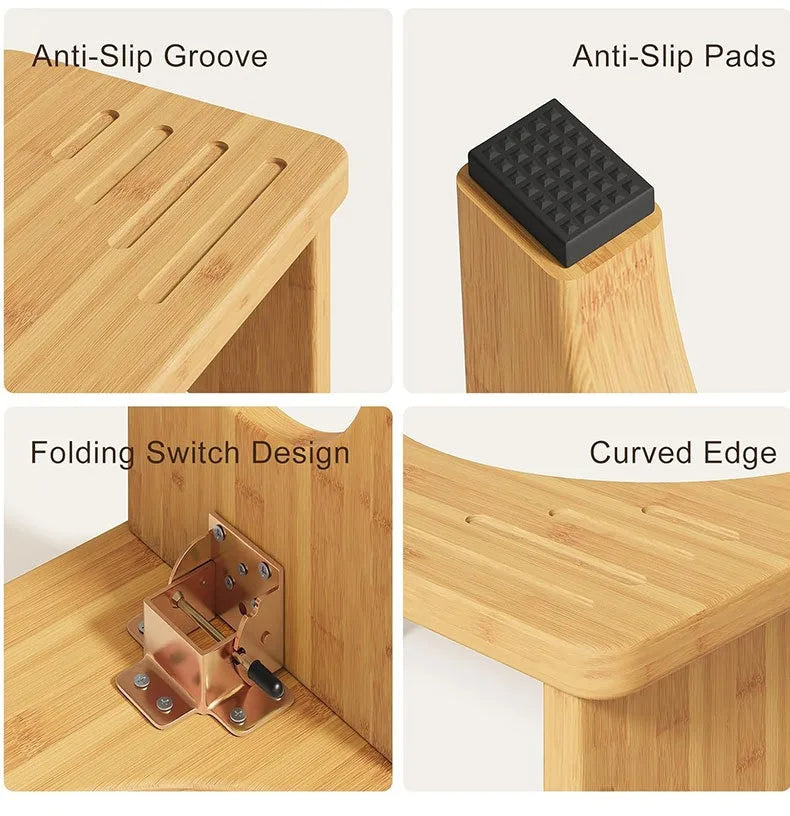 Foldable Bamboo Potty Stool,Wide and Stable for Adult Comfort.Easy to Clean,Lightweight & Portable for Bathroom, Travel,or Home